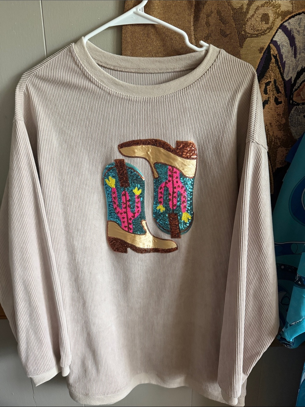 Cream Long-Sleeve Top with Sequin Boot Patch (No Tag) medium